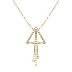 "Geometric, simple, beautiful, elegant. This necklace spices up any look. Crafted in 14K Yellow Gold, this necklace features 100% natural, genuine diamonds. 0.15 carats of diamonds are used in micro pave and bezel settings. This necklace falls perfectly below the neckline and uses an 18\" cable chain that is bolo adjustable, allowing you to adjust the length as you wish. The motif is 16.4 mm long and 19 mm wide. This necklace is beautifully presented with the inspirational poem 'Home' written by Diamond Lariat Necklace, Luxury Jewelry Brands, Store Jewelry, Triangle Pendant, Elegant Necklace, Elegant Necklaces, Lariat Necklace, Watch Necklace, Micro Pave