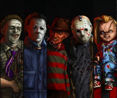 five characters from friday the 13th and friday the 13th in horror movies, all wearing masks