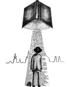 a drawing of a man standing in front of an open book with the pages falling down