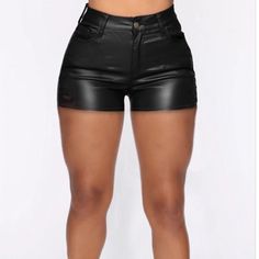 Black Faux Leather Shorts! 90% Polyester,10% Spandex #Blackleather! Black Leather Pants For Clubbing, Casual Style, Black Faux Leather Shorts For Club, Black Leather Bottoms For Night Out, Black Leather Pants For Club, Black Leather Edgy Shorts, Edgy Black Leather Shorts, Fitted Black Leather Shorts, Black Leather Shorts For Fall, Black Short Length Leather Pants For Night Out