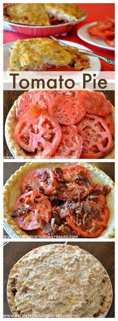 four different types of tomato pies with the words tomato pie on top and bottom