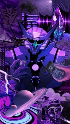 an abstract painting with purple and blue colors on the subject is a futuristic space ship