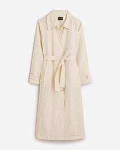 J.Crew: Lightweight Trench Coat In Linen-cupro Blend For Women Belted Linen Long Sleeve Outerwear, Belted Linen Outerwear For Fall, Fall Linen Belted Outerwear, Belted Long Sleeve Linen Outerwear, Long Sleeve Belted Linen Outerwear, Long Summer Coat For Work, Spring Linen Belted Outerwear, Chic Linen Outerwear For Daywear, Elegant Linen Outerwear For Daywear