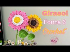 two crocheted flowers sitting next to each other on top of a table with the words girasol forma 3 crochet