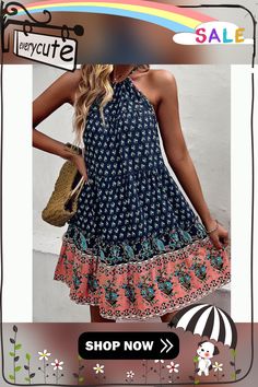 Navy Blue Bohemian Tropical Print Halter Floral Dress Blue Bohemian Boho Dress For Spring, Blue Boho Casual Dress For Vacation, Casual Blue Boho Dress For Vacation, Blue Bohemian Printed Dress, Summer Blue Printed Boho Dress, Blue Summer Boho Dress With Boho Print, Blue Bohemian Dress With Boho Print, Bohemian Blue Printed Dress, Printed Blue Boho Dress For Vacation