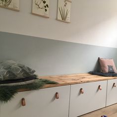 a room that has some drawers on the wall and two pictures above it with plants