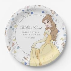 a paper plate with an image of a woman in a yellow dress and the words, be your guest elizabeth's baby shower