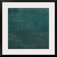 an abstract painting with dark green paint and white border on the bottom, in a black frame