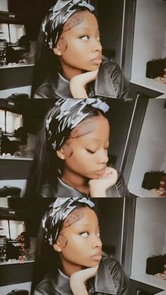 three photos of a mannequin with hair wrapped around it's head and hands on her chin