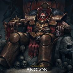 an image of a warhammer sitting in a chair with skulls on the ground behind him