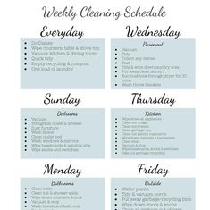 the weekly cleaning schedule is shown in black and white, with blue trimmings