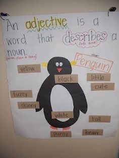 a bulletin board with an image of a penguin and words on it that spell out the word