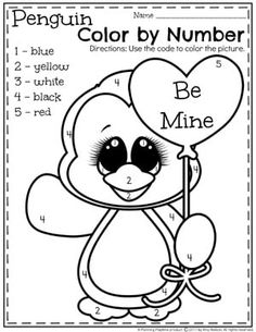 the penguin color by number worksheet for children to learn numbers and colors, including balloons