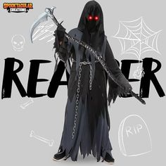 a man in a black robe holding a knife and chain with the words reader on it