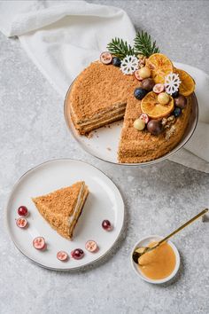 a piece of cake on a plate next to a bowl of fruit and a spoon