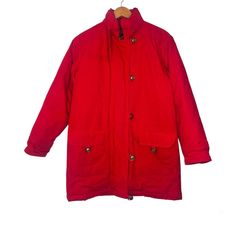 Eddie Bauer Vintage Womens Red Down Filled Chore Coat Jacket Full Zip size medium a few small stains, overall excellent pre owned condition quilted lining, long, zip and snap closure >> shell & lining 100% cotton, filling goose down >> size medium >> bust 44" >> length 33" >> sleeve 23" All measurements are approximate. Please check the measurements, vintage and pre owned items vary in size. I identify all known flaws, please note the pictures as additional description to the condition. I ship w Red Parka With Pockets For Fall, Red Winter Parka With Pockets, Casual Red Parka With Pockets, Chore Coat, Eddie Bauer, Columbus, Lady In Red, Vintage Ladies, Coats Jackets