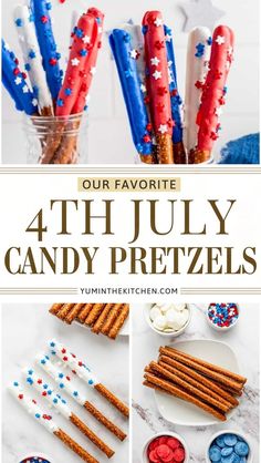 fourth july candy pretzels with red, white and blue sprinkles