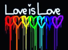 the words love is love are painted in rainbow colors on a black background with dripping paint