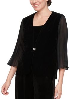 Flowy sleeves and a plunging V-neckline elevate the elegant allure of this stunning two-piece top set from Alex Evenings. | Alex Evenings Women's Embellished Top Set, Black, Small Alex Evenings, Flowy Sleeves, Embellished Top, Two Piece, Dresses, Black