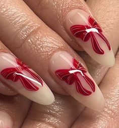 Nails For Winter, Bow Nails, Fake Nails Designs, Manicure Inspiration, New Year's Nails, Dream Nails, Valentine's Day Nails, Red Bow