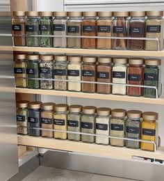 an organized spice rack in a kitchen with lots of spices and seasonings on the shelves