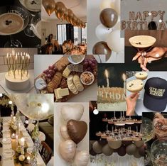 a collage of photos with balloons, cake and other items