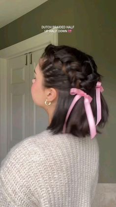 Check more at https://howcandothis.com/hairstyleideas/19232/ Half Braid For Short Hair, Half Up With Short Hair, Short Hair Hairstyles For Birthday, Short Hair Styles With Barettes, Short Hair Birthday Hairstyles, Dutch Braid For Short Hair, Ren Faire Hairstyles Short Hair, Half Up Hair Short, Short Hair With Ribbon