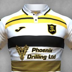 a white shirt with black and yellow stripes on the chest, which reads phoenix drilling ltd