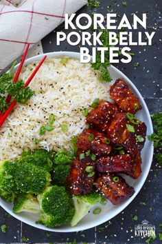 korean pork belly bites with rice and broccoli in a white bowl on a table