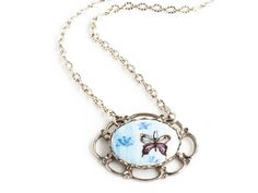 Vintage Porcelain Butterfly Cameo Necklace in Silver Scalloped Pendant Blue Butterfly Necklace, Porcelain Butterfly, Small Butterflies, Butterfly Necklace Silver, Silver Butterfly Necklace, Feminine Jewelry