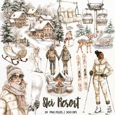 watercolor winter clipart set featuring skiers and snowboarders in front of a ski resort