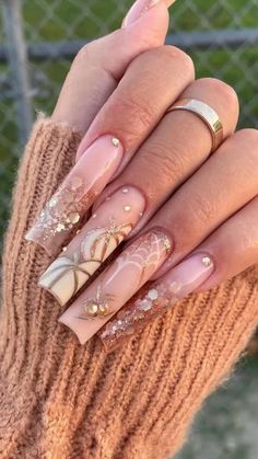 Follow for daily content ❤️ Nail Bling, Paint Nails, Holloween Nails, Halloween Acrylic Nails, Pumpkin Nails, Long Acrylic Nails Coffin, Nail Idea, Nails 2021