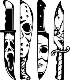 three different types of knifes with faces on each one and two knives in the middle