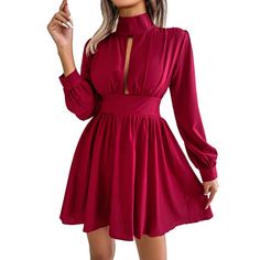 Women Dress High Collar Hollow Out Long Sleeve Tight High Waist A-line Loose Hem Mini Dress Commute Chiffon Fashion, Daily Dress, Red Mini Dress, Cutout Dress, Waist Dress, Sleeves Pattern, Outfits Casuales, Winter Dresses, Womens Fall