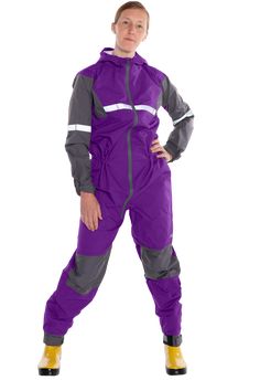 Adult One-Piece Rain/Trail Suit The one-piece suit is a versatile outer layer for adventuring in any weather. The suit is lightweight, packable, and seam-sealed with adjustable waist cinch. Reflective safety strips ensure better visibility. Waterproof center zipper and velcro arm cuffs keep clothes dry. Neoprene cuffs provide for a secure fit around boots. Constructed with a PU membrane layered fabric for durable waterproof functionality, the suit is rated to 8000mm water resistance and 3000mvp Purple One Piece, Rain Suits, Green One Piece, Rain Suit, Arm Cuffs, Layered Fabric, Blue One Piece, Rain Pants, Layering Outfits