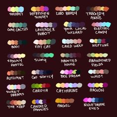 the names and colors of different types of eyeshades on a black background with white writing