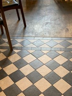 a black and white checkered floor in a room with two wooden chairs on the other side