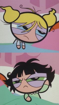 the powerpuff girls cartoon is shown in two different frames, one with an angry expression