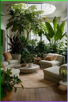 a living room filled with lots of green plants