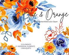 the blue and orange floral watercolor clipart is displayed on a white paper background