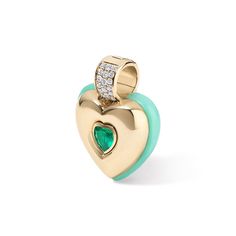 This captivating heart charm is designed to make a bold statement. Featuring a emerald green center stone and layers of gold and mint opal, it promises to be eye-catching and unique. 14K Yellow Gold Emerald weight = 0.87 carats Mint Opal weight = 0.87 carats Diamond weight = 0.42 carats Diamond bail opens Heart pendant = 3.5cm x 3.5mm, 1cm thick Charm can be purchased on its own or on a 16in chain Emerald Heart Charm Jewelry, Green 14k Gold Heart Jewelry, Green Heart-shaped 14k Gold Jewelry, Green Emerald Heart Pendant Jewelry, Green Heart-shaped Birthstone Jewelry, Heart-shaped Yellow Gold Emerald Jewelry, Heart Shaped Yellow Gold May Birthstone Jewelry, Heart-shaped Yellow Gold Jewelry For May Birthstone, Yellow Gold Heart Jewelry For May Birthstone