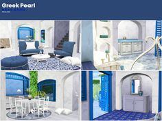 four different rooms with blue and white furniture