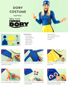 the instructions for how to make a diy dory costume from disney pixar