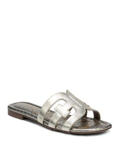 Sam Edelman Women's Bay Slide Sandals Classic Tan Sandals For Summer, Classic Silver Sandals For Spring, Summer Tan Leather Slides, Classic Silver Sandals For Summer, Leather Slides In Tan For Summer, Classic Silver Leather Sandals, Silver Leather Slides With Cushioned Footbed, Adjustable Tan Leather Sandals, Casual Tan Sandals With Leather Lining