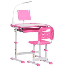 a pink desk and chair with a laptop on top of it in front of a white background