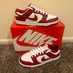 Brand New In Box Nike Dunk Low Retro “Usc”. Size 8 Men’s. No Issues. Classic Custom Sneakers In University Red With Branded Insole, White Sneakers With Red Sole For Skateboarding, Retro Gym, Team Red, Retro Shoes, Retro Men, Nike Fashion, Nike Air Max 97, Yellow Leather