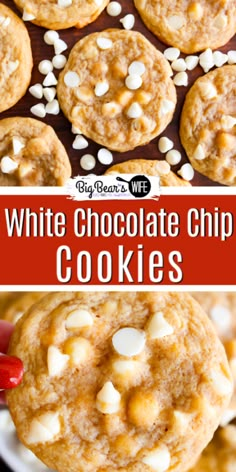 white chocolate chip cookies are stacked on top of each other, and in the middle