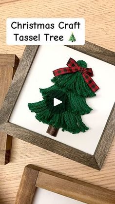 christmas craft tassel tree displayed in wooden frame