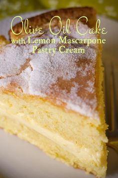 a slice of cake with lemon mascarpone party cream