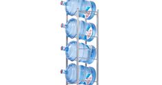 a metal rack with six plastic water bottles on it's sides and four wheels